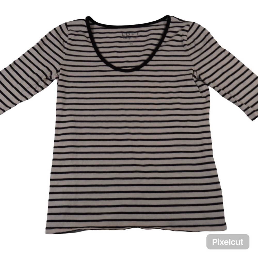Loft Vintage Soft T Shirt Womens XS Black White Striped Scoop Neck 3/4 Sleeve